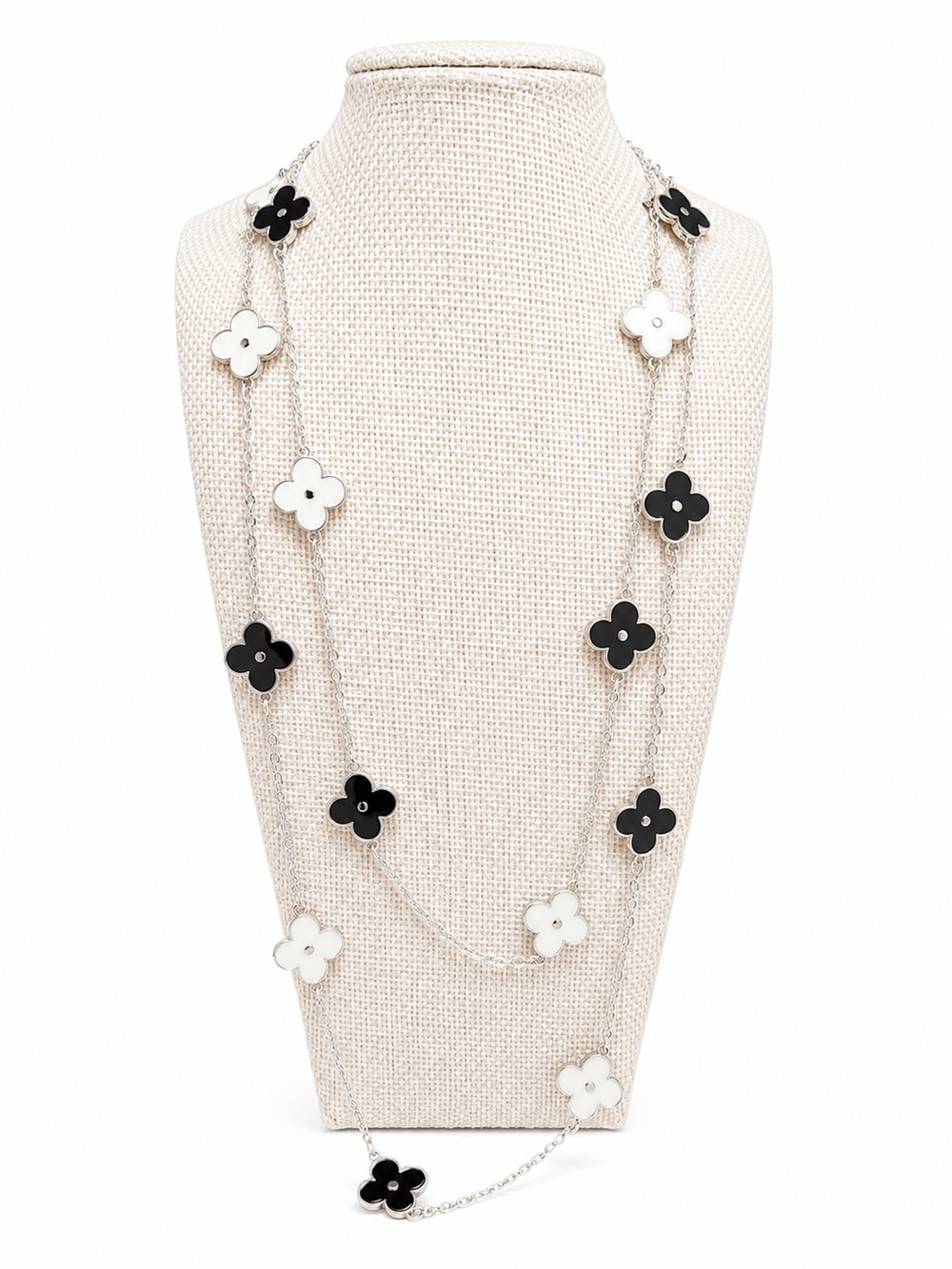 Zoetik Black White Clover Quatrefoil Long Station Necklace Preppy Chic